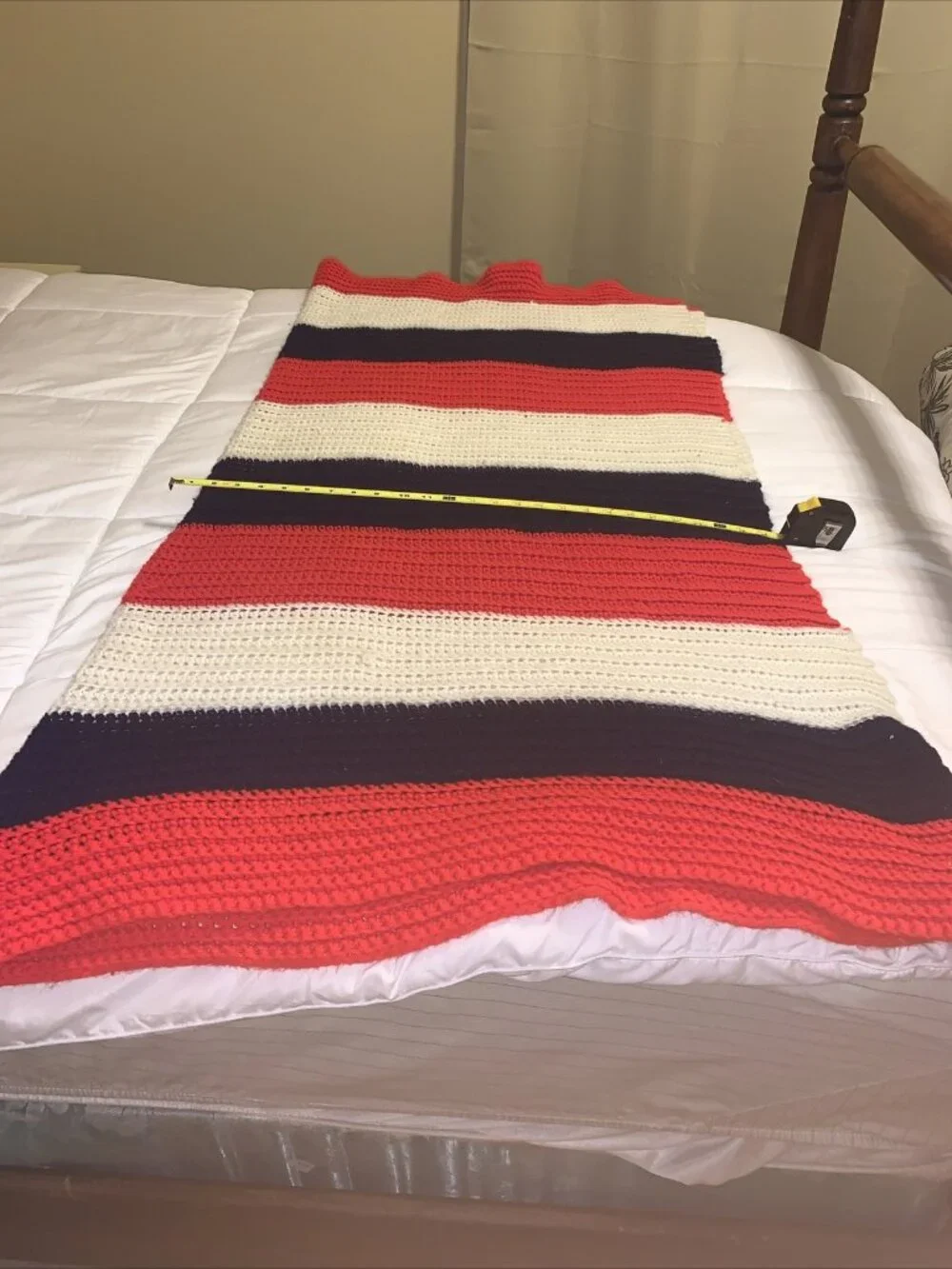 Handmade crochet afghan Red, White/blue 48x54 Patriotic Stripe
